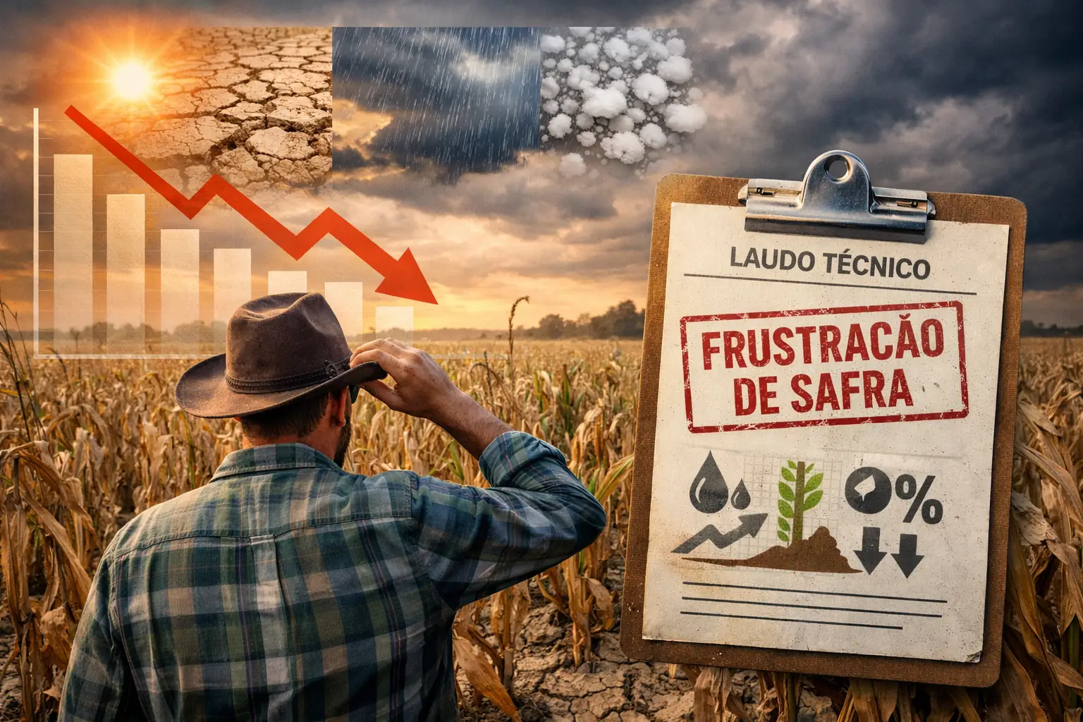 Produtor rural observando lavoura de milho seca por estiagem, com destaque para laudo técnico de frustração de safra e gráfico indicando queda de produtividade.