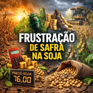 Imagem ilustrando frustração de safra na soja com lavoura afetada por seca e excesso de chuva, presença de pragas, grãos deteriorados e queda no preço da soja.