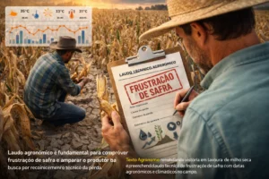 Lavoura em desenvolvimento em área rural utilizada como base para laudo pericial agronômico e avaliação de frustração de safra.