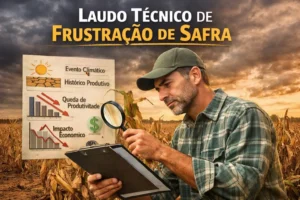 Perito rural analisando lavoura com perda de produtividade para elaboração de laudo técnico de frustração de safra após evento climático.
