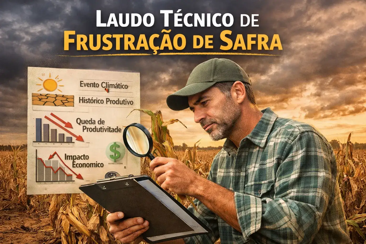 Perito rural analisando lavoura com perda de produtividade para elaboração de laudo técnico de frustração de safra após evento climático.