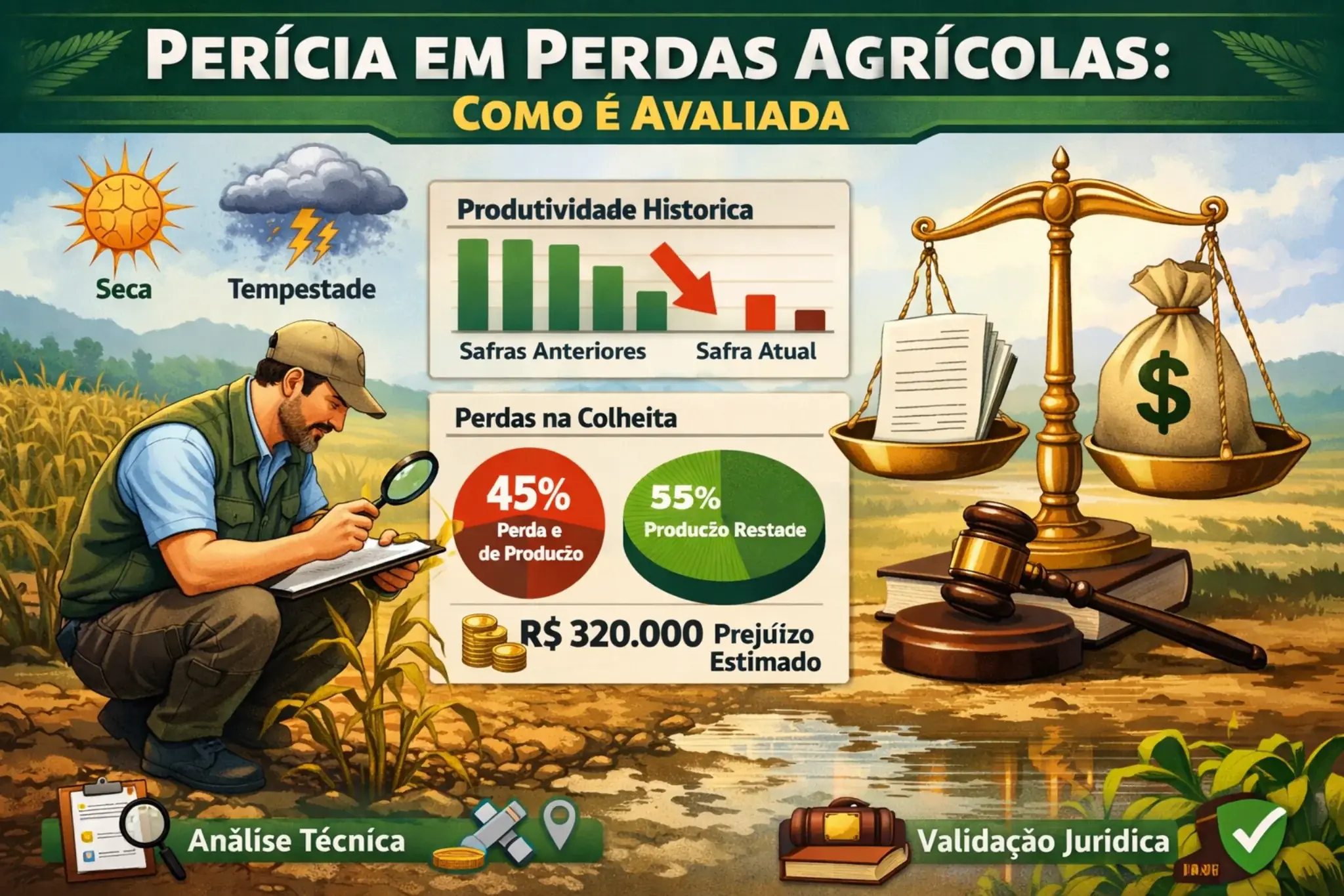 Perícia em perdas agrícolas com avaliação técnica da produtividade, laudo pericial e cálculo de prejuízos na lavoura