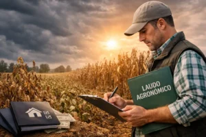 Frustração de safra em lavoura com agrônomo realizando laudo técnico para seguro rural