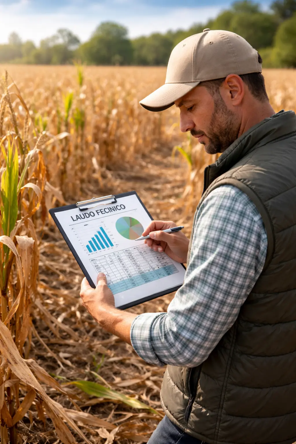 Laudo técnico agronômico sendo elaborado em lavoura com perda de safra para comprovação de prejuízo agrícola