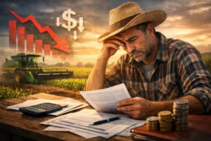 Produtor rural analisando documentos financeiros após frustração de safra, com queda de produtividade e preocupação com prorrogação de crédito rural.