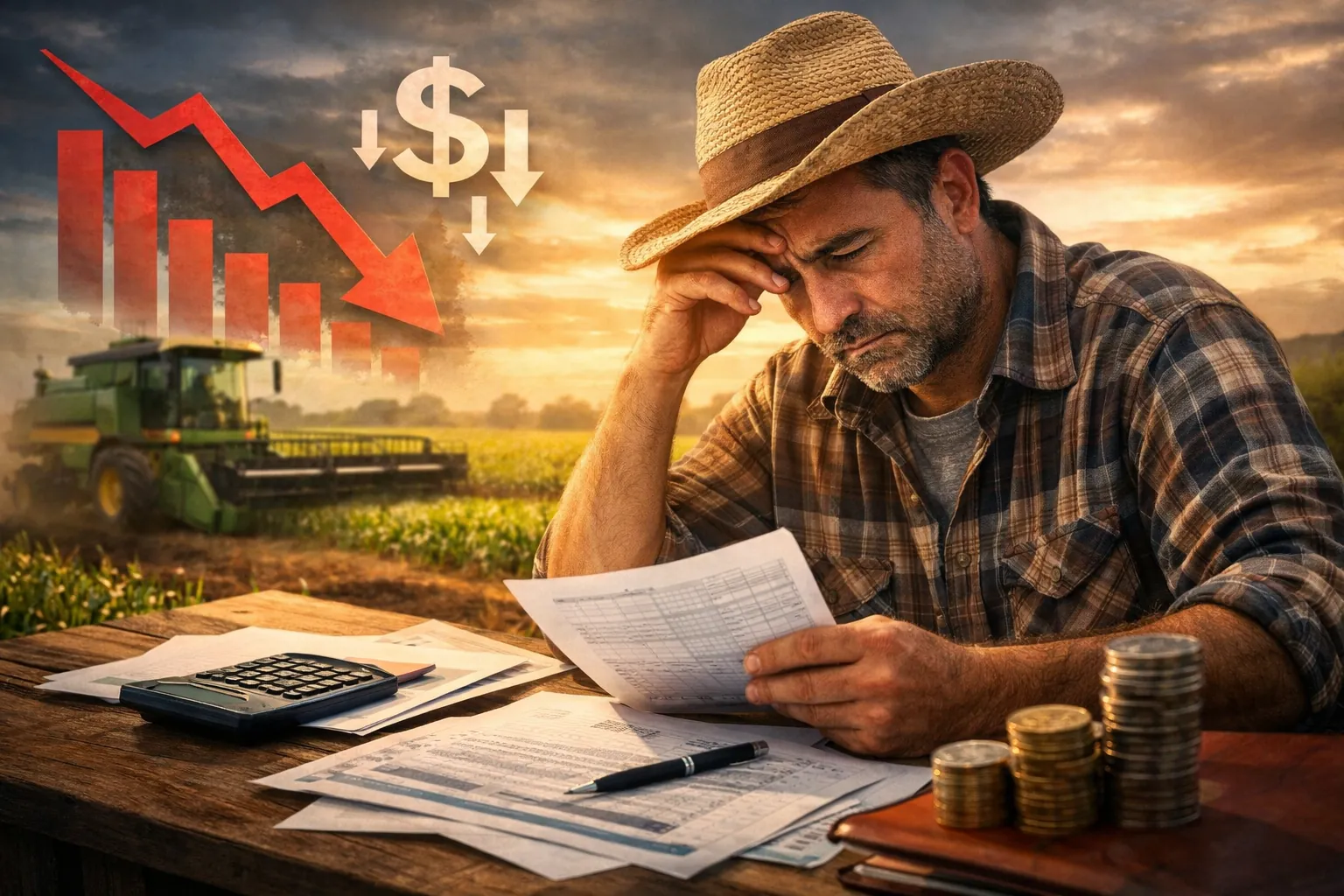 Produtor rural analisando documentos financeiros após frustração de safra, com queda de produtividade e preocupação com prorrogação de crédito rural.