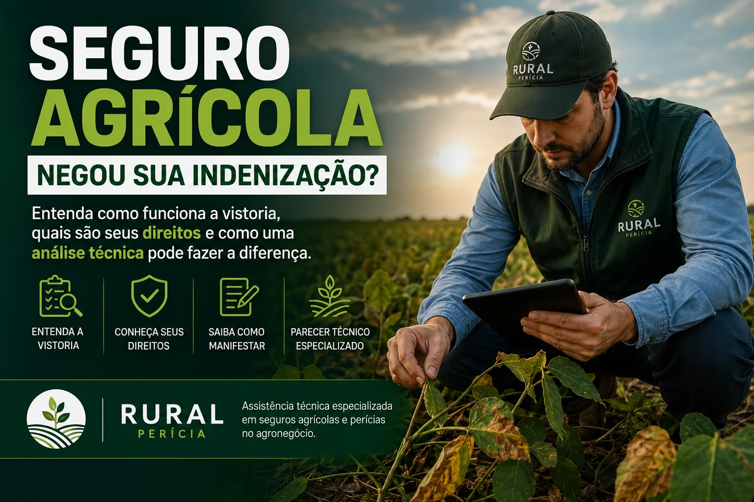 Engenheiro agrônomo realizando vistoria técnica em lavoura para análise de sinistro em seguro agrícola e elaboração de parecer técnico especializado.