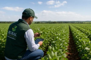 Perito agrônomo realizando vistoria técnica em lavoura para elaboração de perícia agronômica.