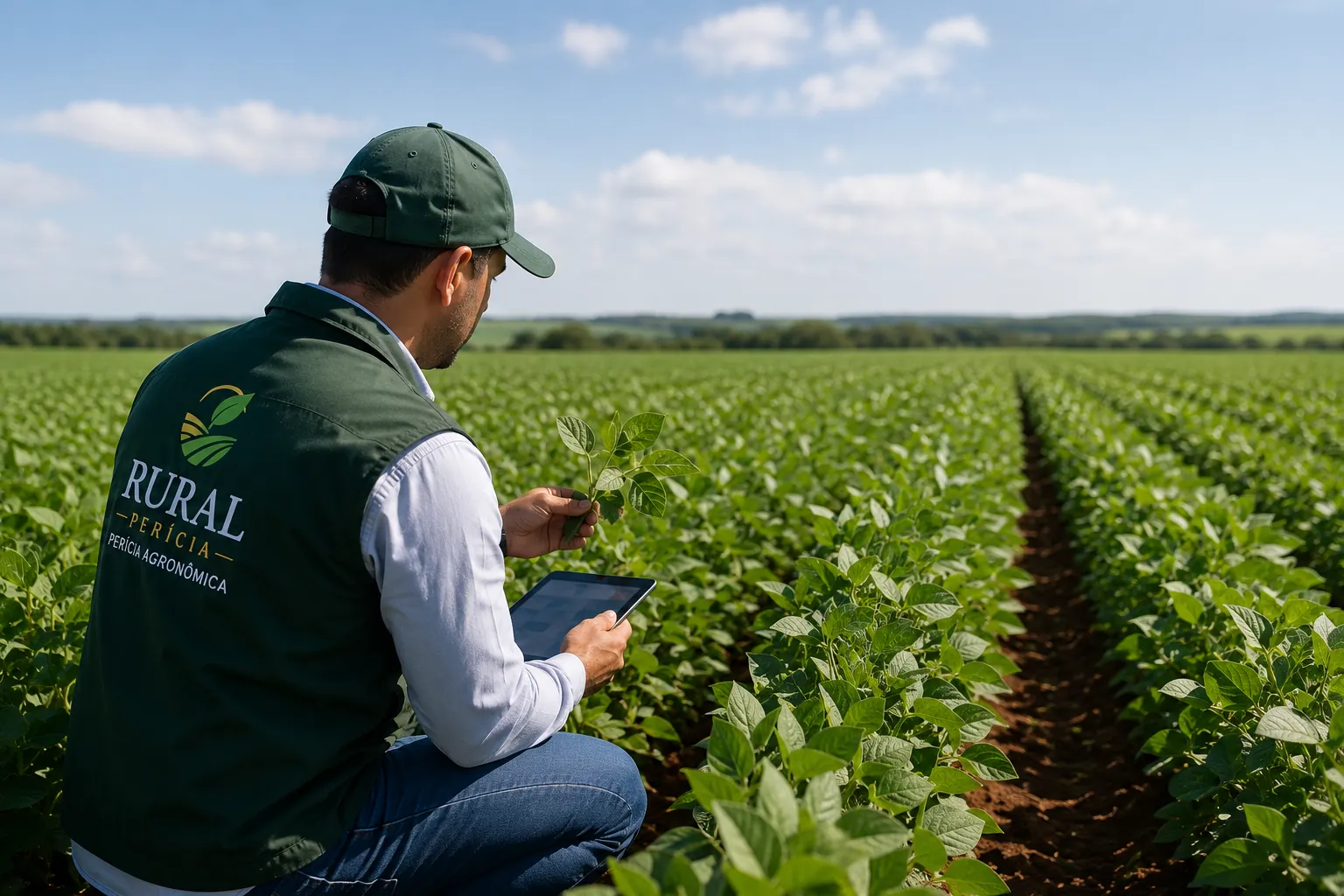 Perito agrônomo realizando vistoria técnica em lavoura para elaboração de perícia agronômica.