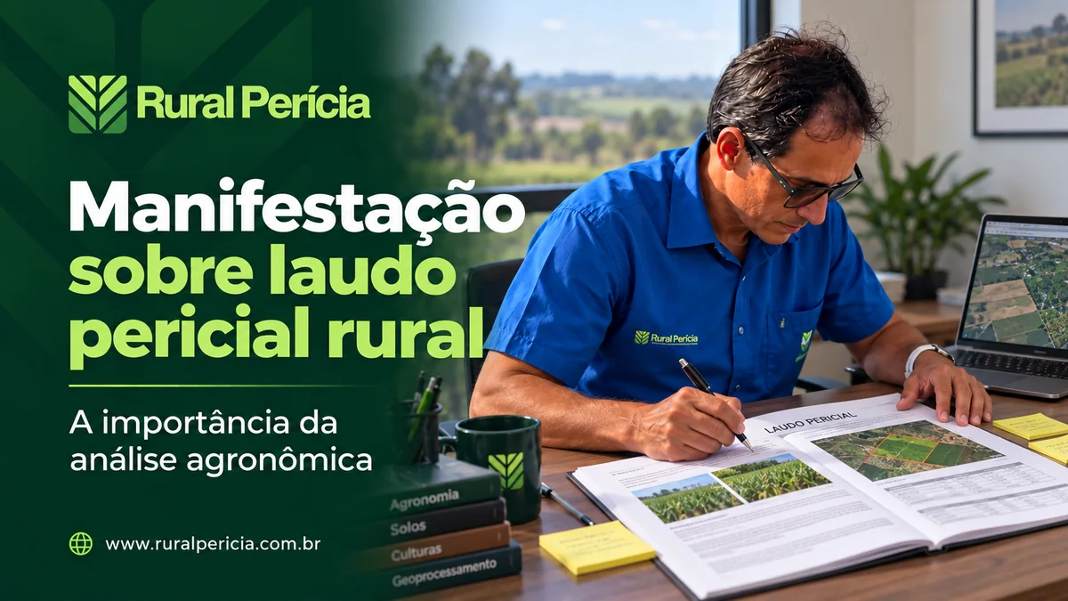 Engenheiro agrônomo analisa laudo pericial rural com mapas e fotografias para elaborar manifestação técnica.