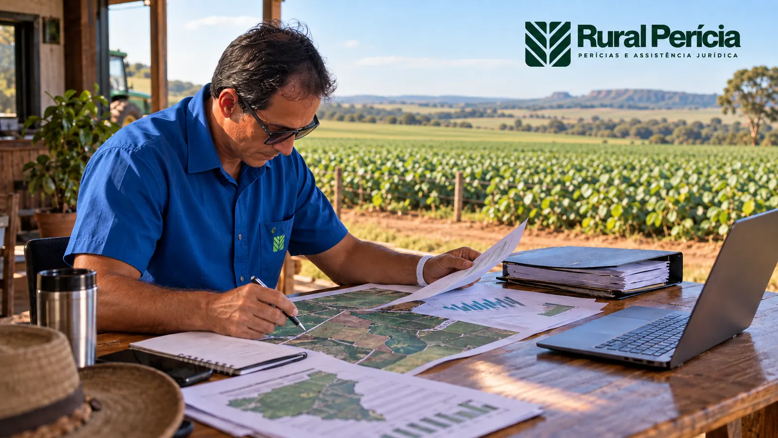 Engenheiro agrônomo analisa mapas e documentos de uma propriedade rural, com lavoura ao fundo.