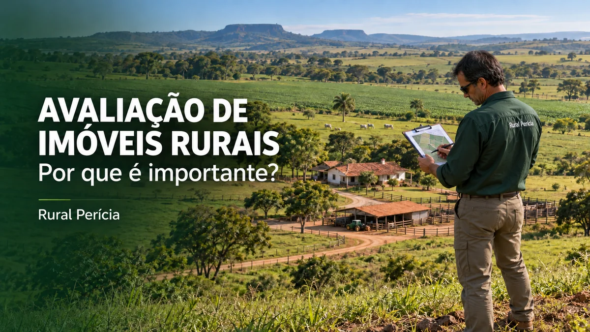 Capa sobre avaliação de imóveis rurais, com agrônomo segurando prancheta diante de uma fazenda com casa e galpão.