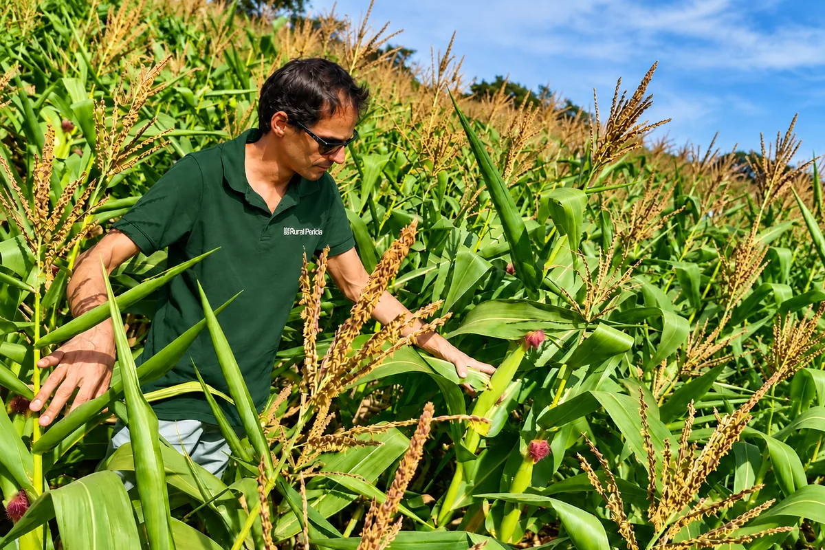 Perito agrônomo da Rural Perícia examinando plantas durante vistoria técnica em uma lavoura.